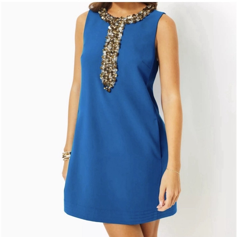 Lily Pulitzer Edita Embellished Dress Barton Blue 12 Lined Preppy Wedding Guest